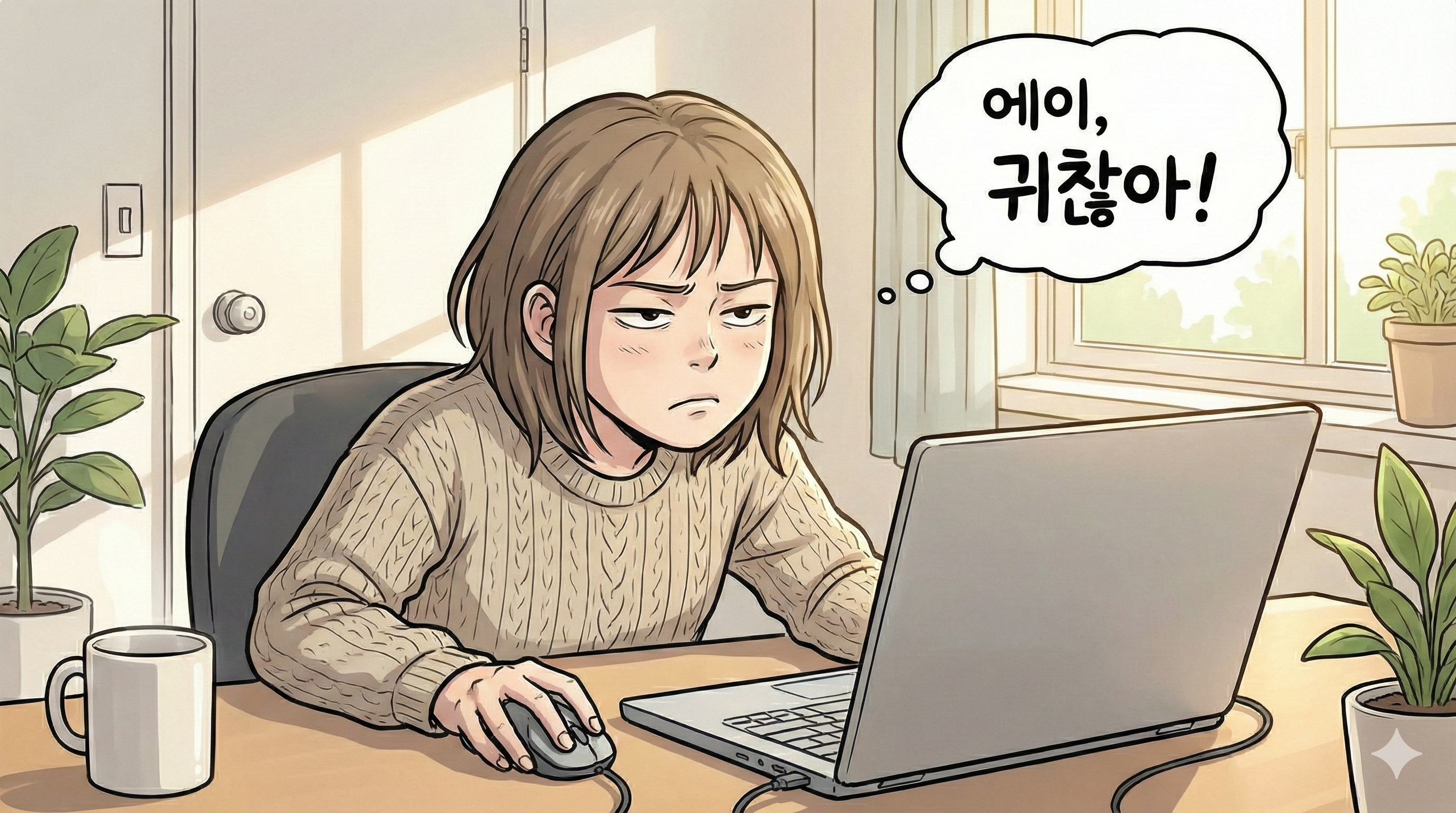 노션 블로그의 긴 줄글(Wall of Text)을 보고 피로감을 느껴 '에이, 귀찮아!'라고 말하며 노트북 앞에서 짜증을 내는 독자 일러스트