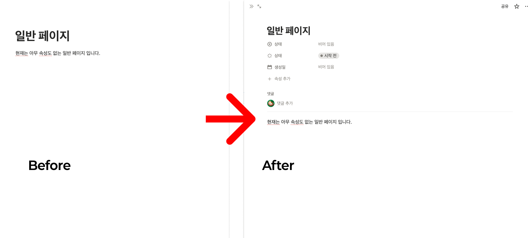 노션 일반 페이지(Before)와 데이터베이스 페이지(After)의 차이점을 보여주는 비교 이미지. 데이터베이스에 들어가면 제목 하단에 속성 관리 영역이 생성됨을 시각화함