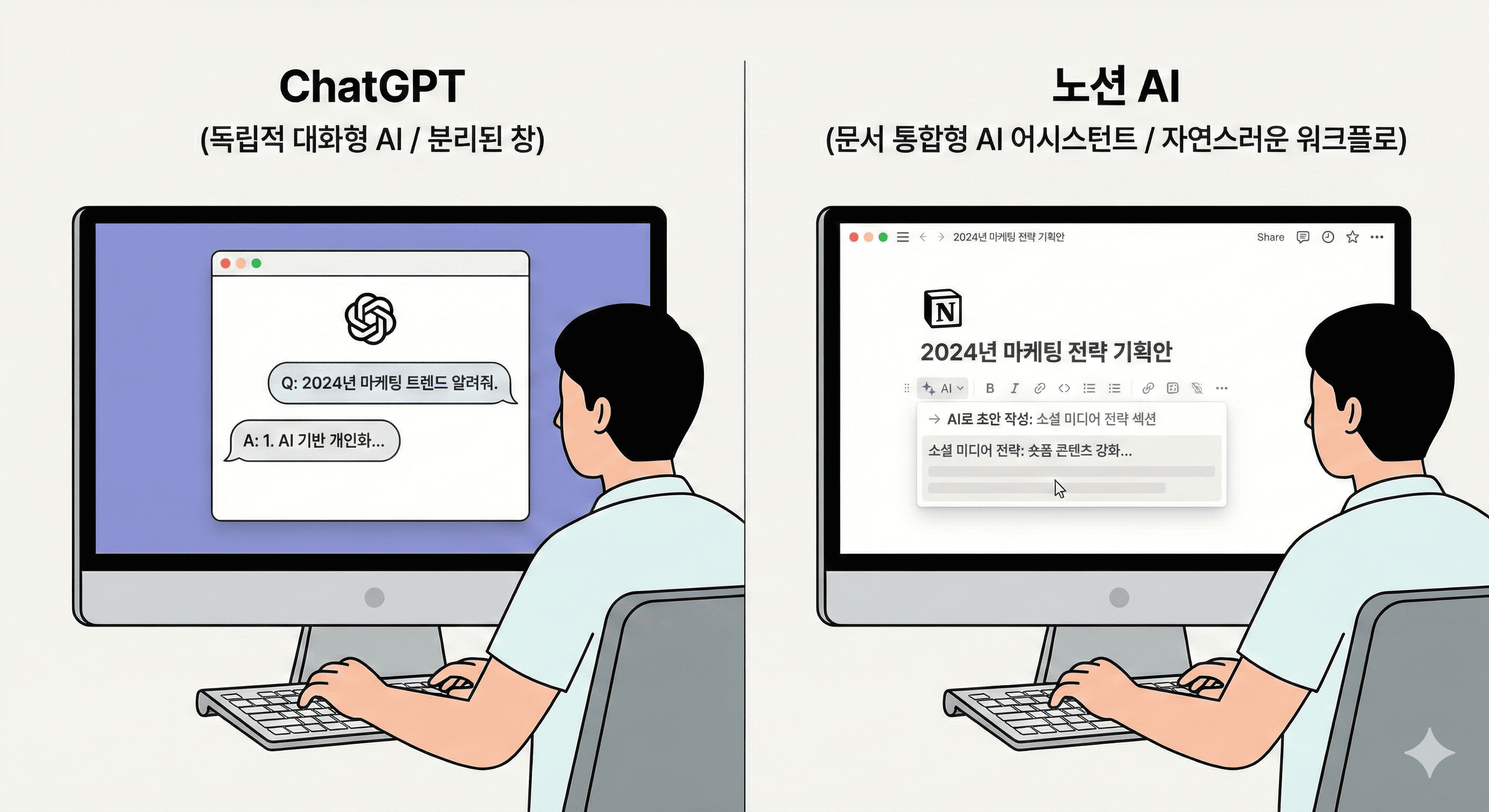 ChatGPT의 독립적인 채팅창 인터페이스와 Notion AI의 문서 통합형 인터페이스를 나란히 비교한 이미지. 채팅형은 문답 구조, 통합형은 문서 내 직접 편집 구조임을 보여줌.