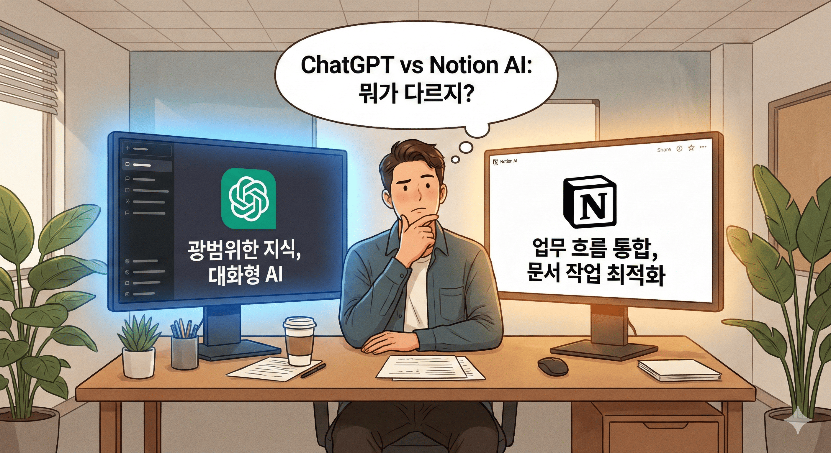 책상 앞에 앉아 ChatGPT 화면과 Notion AI 화면 사이에서 고민에 빠진 직장인 일러스트. 'ChatGPT vs Notion AI: 뭐가 다르지?'라는 말풍선을 통해 사용자들의 흔한 궁금증을 시각화함