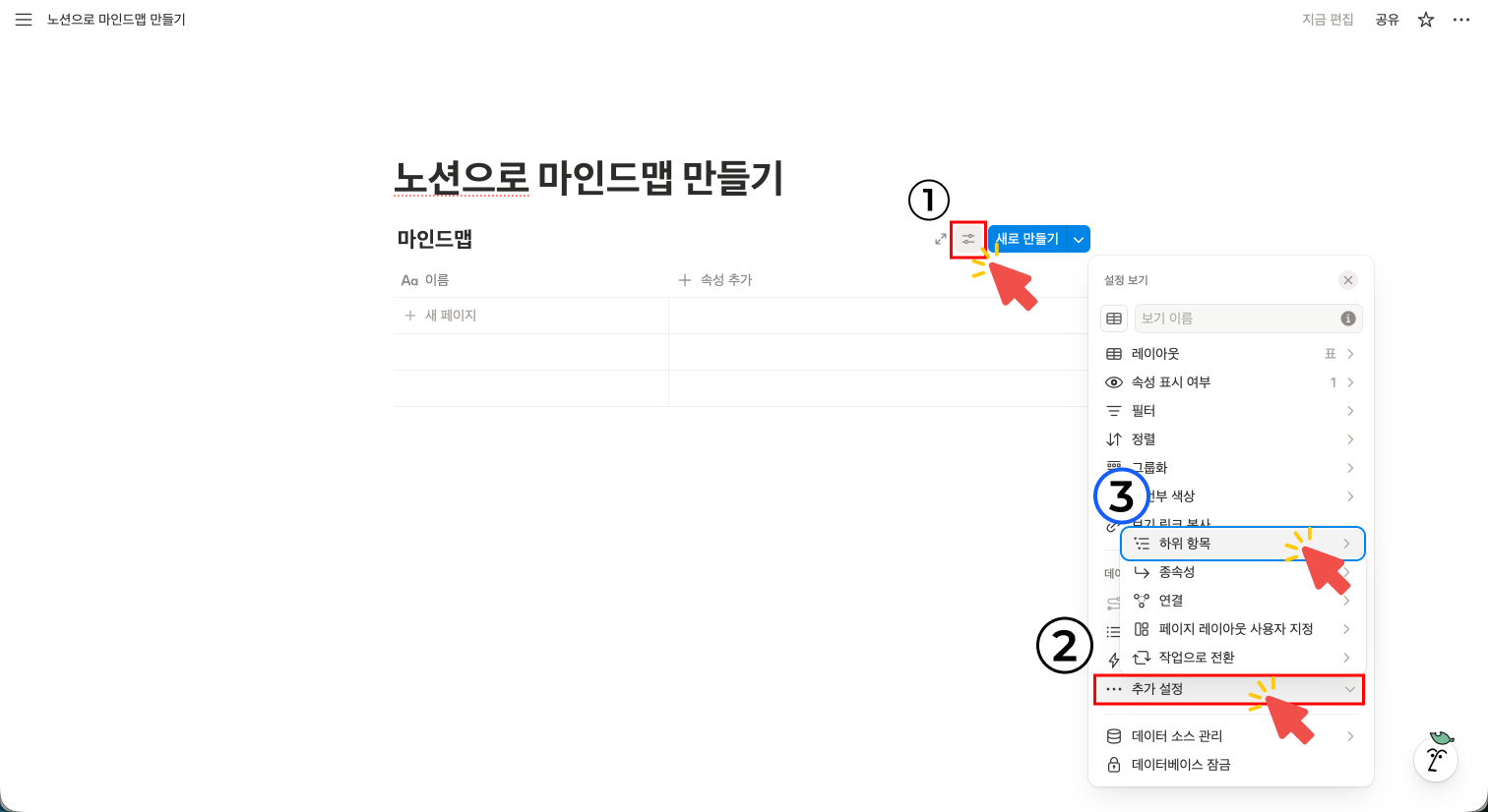 데이터베이스 우측 상단 점 3개 메뉴를 클릭하고, '추가 설정' → '하위 항목' 옵션을 활성화하는 순서를 1, 2, 3번으로 표시한 가이드 이미지. 계층형 구조를 만들기 위한 필수 설정