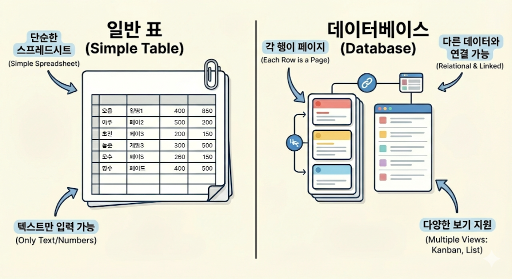 노션의 '일반 표(Simple Table)'와 '데이터베이스(Database)'의 차이점을 비교한 인포그래픽. 일반 표는 텍스트만 입력 가능하고, 데이터베이스는 각 행이 페이지로 작동하며 다양한 보기를 지원