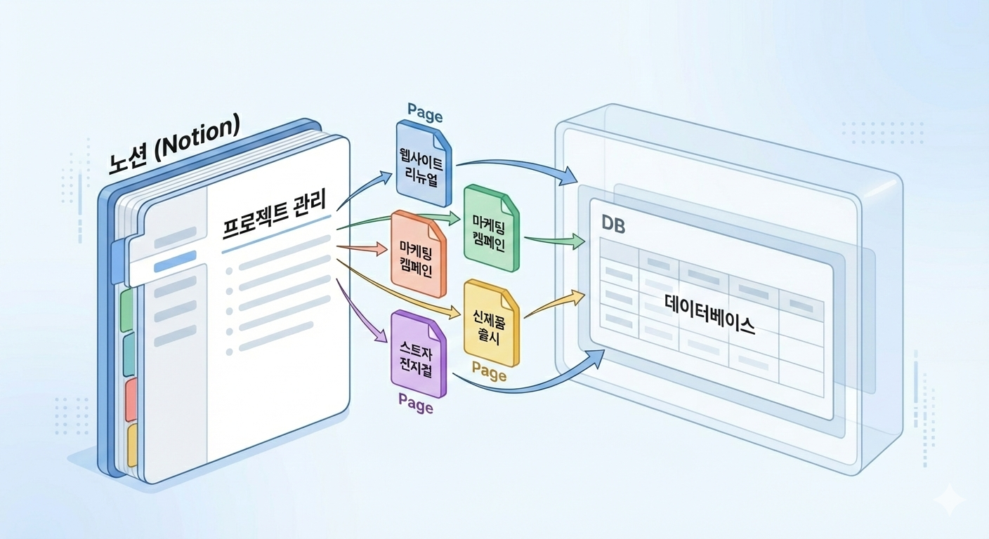 여러 노션 페이지에 흩어져 있는 마케팅, 신제품 출시 등의 데이터를 화살표를 통해 하나의 중앙 데이터베이스로 모으는 과정을 보여주는 개념도