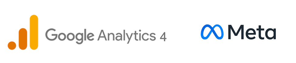 웹사이트 방문자 데이터 분석을 위한 구글 애널리틱스 4(Google Analytics 4) 로고와 리타게팅 광고 집행을 위한 메타(Meta) 로고가 나란히 배치된 이미지