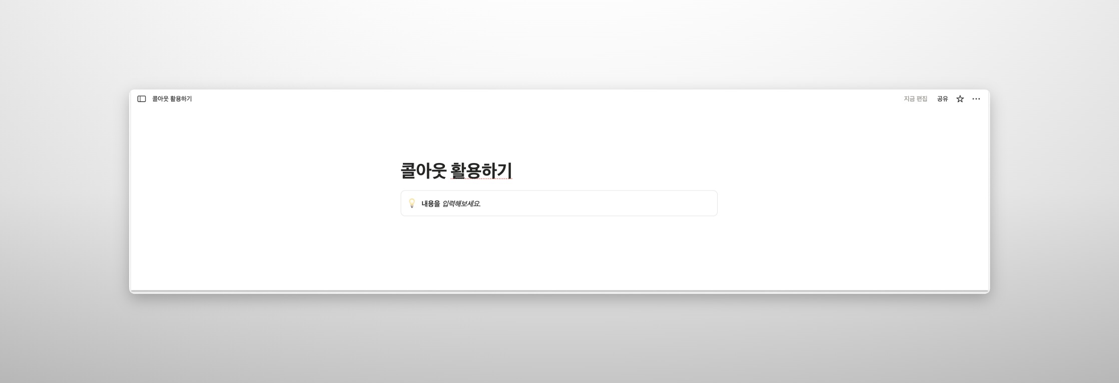 명령어 입력 후 생성된 노션 콜아웃 블록의 기본 형태. 회색 배경 박스 안에 전구 아이콘이 있고 '내용을 입력해보세요'라는 안내 문구가 적혀 있는 화면