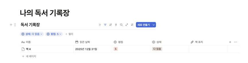 노션으로 만든 '나의 독서 기록장' 데이터베이스의 기본 표(Table) 보기 화면