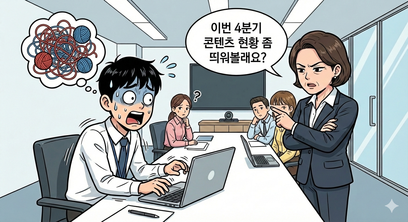 회의실에서 엉킨 실타래를 생각하며 식은땀을 흘리고 당황해하는 직원과, 이를 지적하며 업무 현황을 묻는 상사의 일러스트