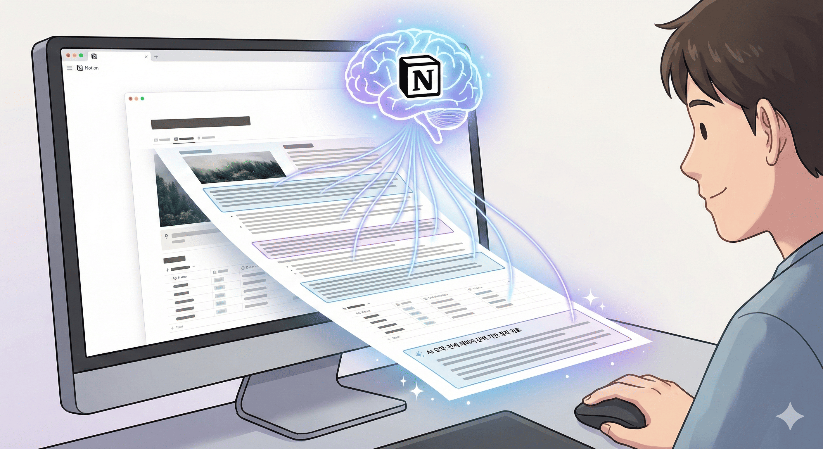 작성 중인 문서의 전체 내용을 파악하여 요약 및 정리를 수행하는 Notion AI 일러스트. 노션 로고가 있는 디지털 두뇌가 문서의 텍스트와 연결되어 문맥을 분석하는 모습